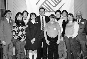 Mayor Raymond L. Flynn at a Boys and Girls Club event with Michele Bennett, Mr. Reid and others affiliated with the South Boston Boys and Girls Club