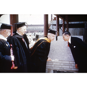 Laying Cornerstone, Cabot Gym, May 1953; (?), Frederick Holmes, Dr. Ell, (?)