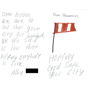 Card to Boston from a student in Stetsonville, Wisconsin