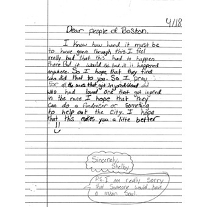 Letter to Boston from a student at Dunn Elementary School (Arlington, Texas)