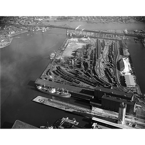 Charlestown Waterfront, Mystic River, left, Little Mystic River, right, docks, freighter, freight cars, Massachusetts Port Authority, Boston, MA