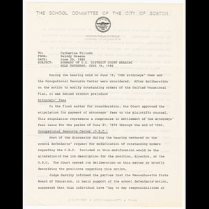 Memorandum from Melody Greene to Catherine Ellison about U.S. district court hearing held June 19, 1980