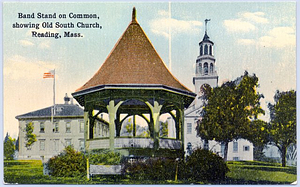 Band stand on Common showing Old South Church, Reading, MA