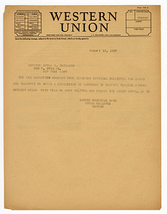 Telegram from Arthur Garfield Hays to Senator Royal S. Copeland, August 19, 1927