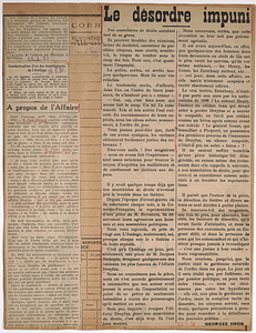 8 news clippings, relating to a play about the Affaire, multiple newspapers, 1930-31