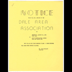 Flier for Dale Area Association meeting to be held January 10, 1962