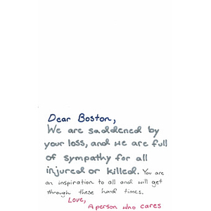 Condolence card from a student at A.P. Giannini Middle School