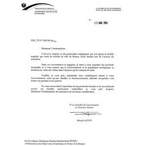 Letter from Mireille Pettiti, the Director General of the Department of External Relations in France, to the United States Ambassador to France Charles Rivkin