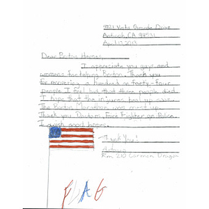 Letter from a student at Carmen Dragon Elementary School to the City of Boston (Antioch, California)
