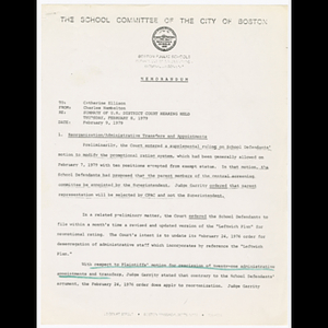 Memorandum from Charles Hambelton to Catherine Ellison about U.S. district court hearing held February 8, 1979