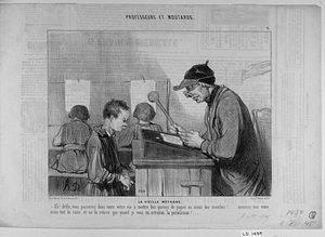 La VIEILLE MÉTHODE. - Ah! drôle, vous passerez donc toute votre vie à mettre des queues de papier au séant des mouches!.... avancez moi votre main tout de suite, et ne la retirez que quand je vous en octroirai la permission!....