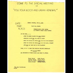 Flier for urban renewal meeting to be held July 9, 1962