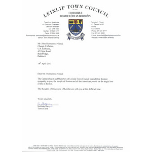 Letter of sympathy sent to the city of Boston from the Lexlip Town Council (Ireland)