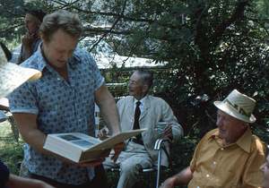 Richard Babcock, Arthur E. Rosenburg, and Harvey Cummings (left to right) at the Moon Barn Raising at entrance to Hopkins Forest on 2 August 1975.