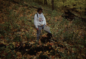 Carol Collier '93 Senior Thesis on Beinecke Stand. 10. Carol Collier standing at remains of large sugar maple stump on the eastern boundary of the Beinecke Stand.