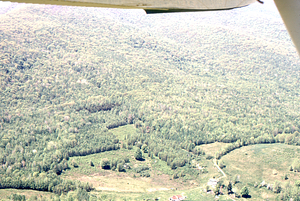 Aerial oblique view of Bernardy Farm at junction of Old Petersburg Road and Petersburg Road on 28 May 1972 in the Hopkins Forest.