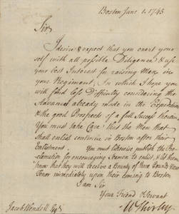 Letter by William Shirley, Boston, Massachusetts, to Jacob Wendell, Boston, Massachusetts.