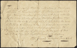 Marriage Intention of Ebenezer Hall of Bridgewater, Massachusetts and Nancy Dunbar, 1816