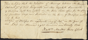 Marriage Intention of Ebenezer Colwell Jr. of West Bridgewater, Massachusetts and Elizabeth Bosworth, 1822
