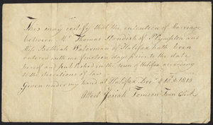 Marriage Intention of Thomas Standish of Plympton, Massachusetts and Bethiah Waterman, 1810