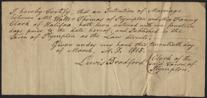 Marriage Intention of Walter Thomas of Plympton, Massachusetts and Fanny Clark, 1815