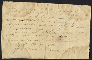 Marriage Intention of Asa Pratt of Weymouth, Massachusetts and Lydia Lyon, 1802