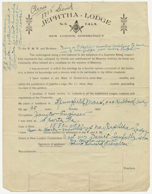 Membership application of Robert Edward Creighton, about 1920