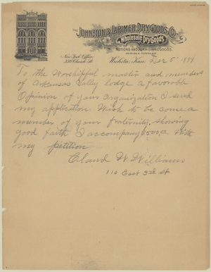 Letter from Claud W. Williams to Arkansas Valley Lodge, No. 21, 1898 December 5