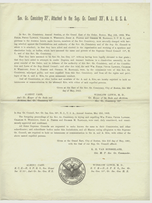 Circular letter from the Sovereign Grand Consistory expelling William Field, Peter Lawson, Charles S. Westcott, John A. Foster, and George M. Randall, 1862 May 23