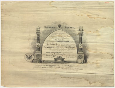 32° certificate issued by the Massachusetts Consistory to Jarius Harlow, 1863 May 1