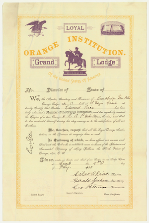 Membership certificate issued by Cambridge True Blue Orange Lodge, No. 17, to Edward Rice, 1900 February 9