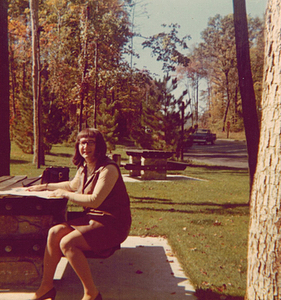 Alison Laing at a Picnic Table