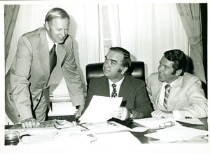 John Joseph Moakley meeting with Boston School Committee members Paul Ellison and Paul Tierney, 1970s