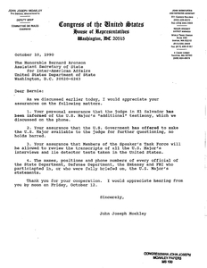Letter from John Joseph Moakley to Bernard Aronson, Assistant Secretary of State for Inter-American Affairs