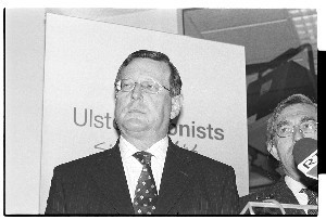 Lord David Trimble, former First Minister of the Northern Ireland Assembly, on the day he resigned as leader of the Unionist Party, at Unionist Party Headquarters in Belfast. Also includes shots of defaced elections posters of Sir Reg Empey