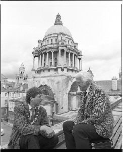 Sammy Wilson, outspoken DUP politician and former Lord Mayor of Belfast, on the roof of Belfast City Hall, with Sam McAughtry, writer