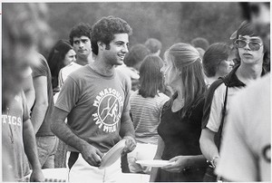 Class of 1983 students John DiBenedetto and Mary Karich in conversation at a Boston College event