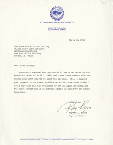 Letter from Mayor Raymond L. Flynn to Judge W. Arthur Garrity, 1985 April 19