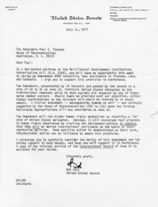 Letter from Bob Dole, United States Senate to Paul E. Tsongas