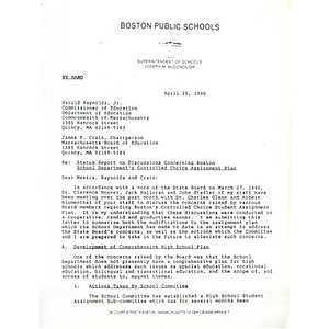 Letter, status report on discussions concerning Boston school department's controlled choice assignment plan.