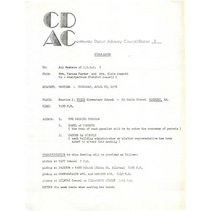 Meeting agenda, Community District Advisory Council District I, April 29, 1976.