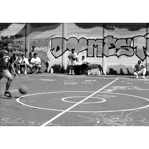 Basketball game in a Villa Victoria neighborhood park.