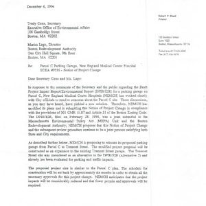Letter to Trudy Coxe and Marisa Lago regarding the Parcel C Parking Garage Notice of Project Change