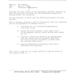 Chinatown demographics analysis prepared by Bart Laws, reflecting the new boundaries assigned by Healthy Boston for Chinatown, sent to members of the Chinatown Coalition from the desk of Beverly Wing