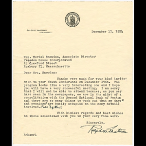 Letter from Ralph Eastman, Vice-President of State Street Trust Company to Muriel Snowden of Freedom House