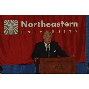 U.S. Senator Edward Kennedy (D-MA) at the podium during a press conference on student aid