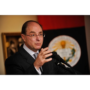 President Aoun gesturing during a speech at NU Night at the Pops