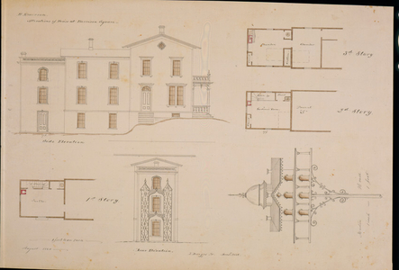 Side and rear elevations, floor plans, and detail drawings of the ell addition to the Harvey Emerson House, Clam Point, Dorchester, Boston, Mass., 1860