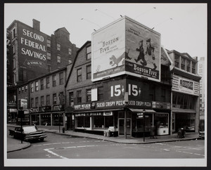 Exterior view of the Old Corner Bookstore before restoration, Washington Street and School Street, Boston, Mass., 1960s