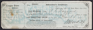 Subscriber's certificate for The christian union, J.B. Ford & Co., publishers, 27 Park Place, New York, New York, dated March 6, 1872